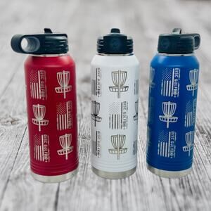 Disc Golf Laser Engraved Water Bottle Custom Patriotic Flag/Basket 32oz